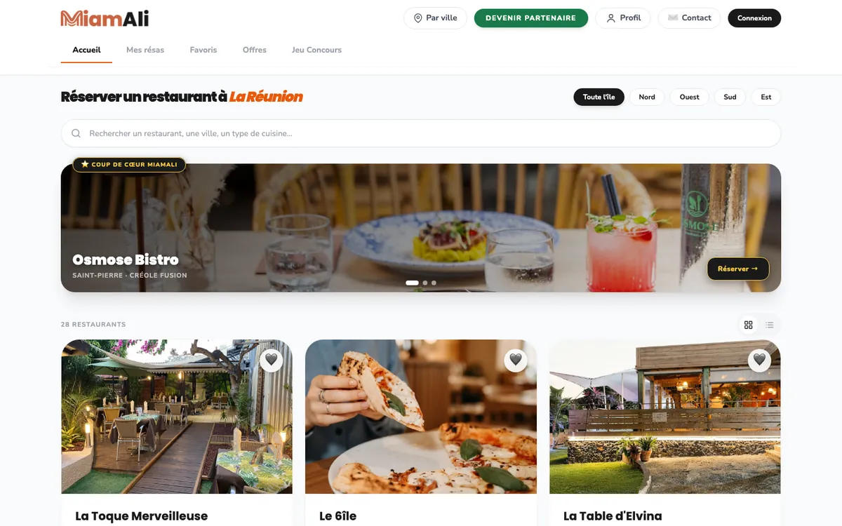 Site MiamAli, réservation de restaurants à La Réunion, réalisé par Aikiro Lab